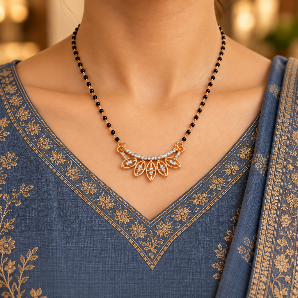 Anvaya Mangalsutra worn with a slate-blue Indian kurta, showing five open marquise motifs