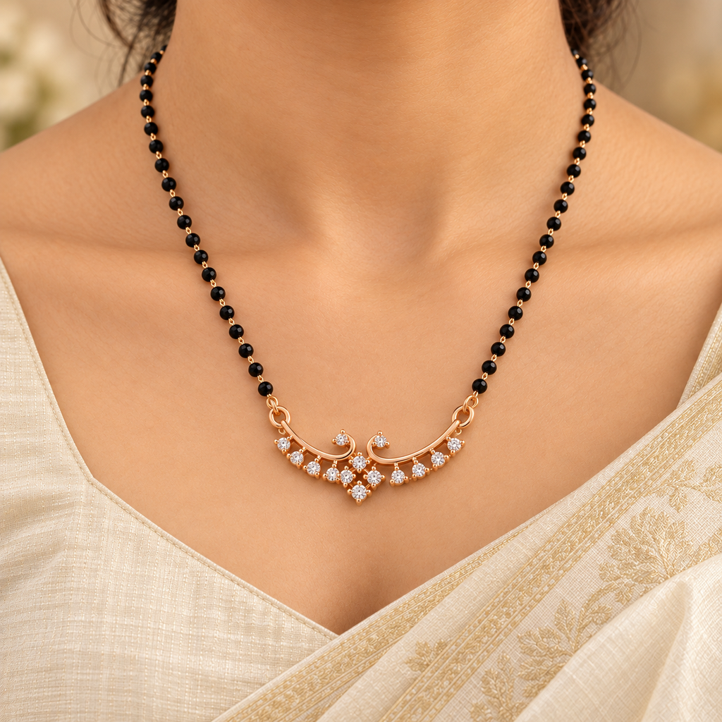Hansika Mangalsutra paired gold scroll pendant and faceted black-bead chain worn with an ivory saree