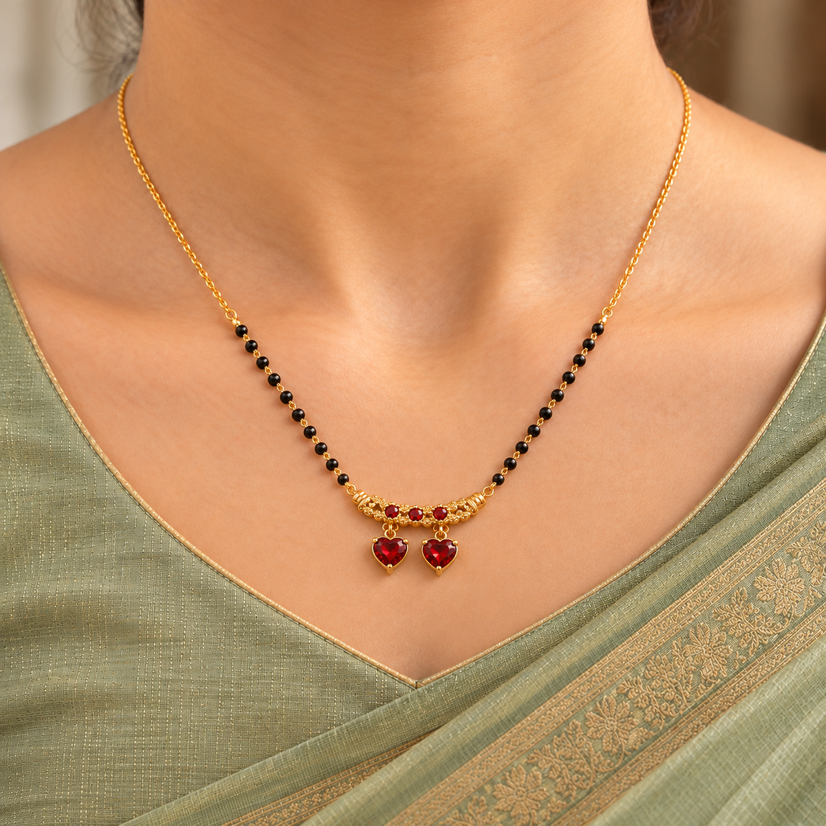 Ragini Mangalsutra with twin red heart drops, worn with a sage silk saree in a close-up