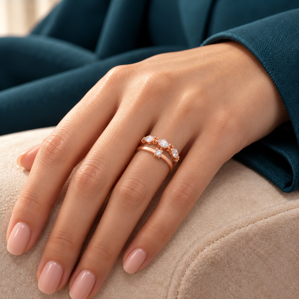 Roselle rose gold plated ring worn on a model's hand with a tailored teal dress sleeve