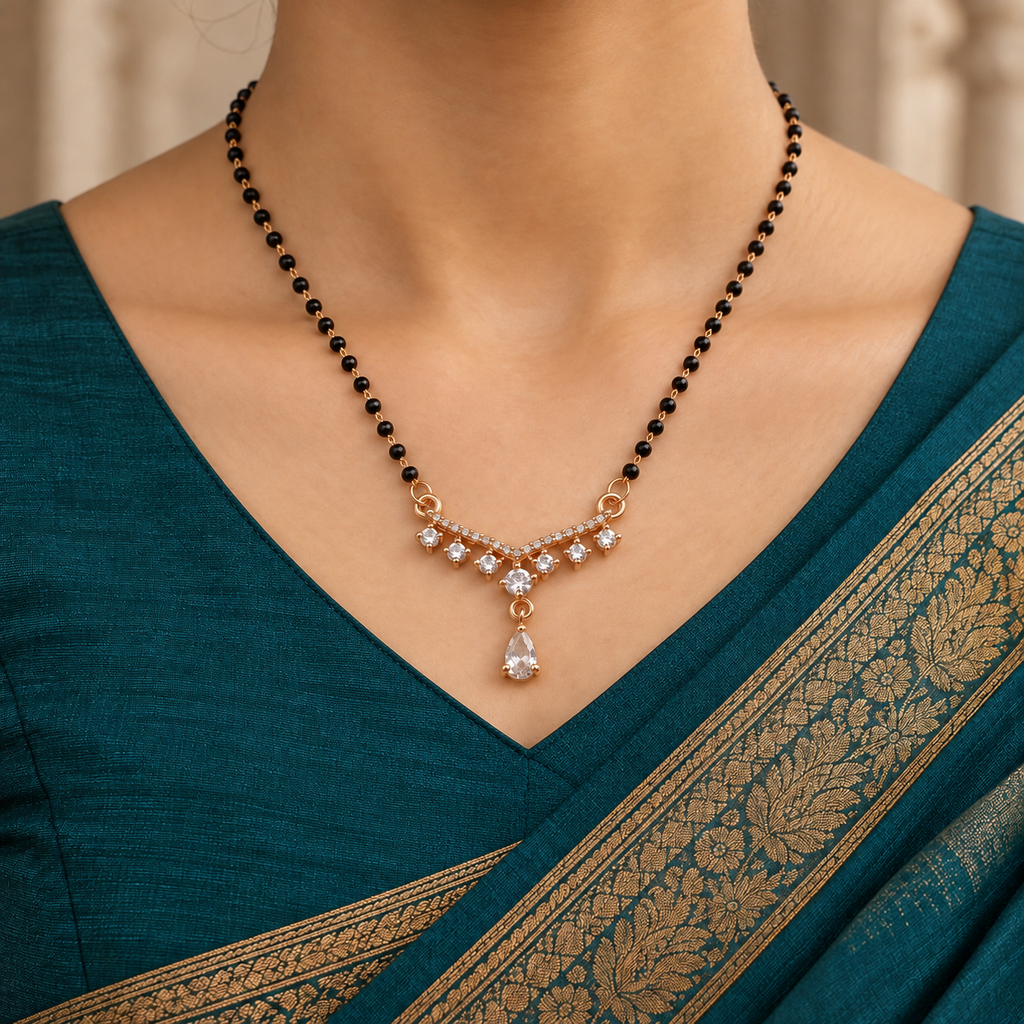 Saanvika Mangalsutra with seven clear round accents and a pear drop worn with a teal Indian saree