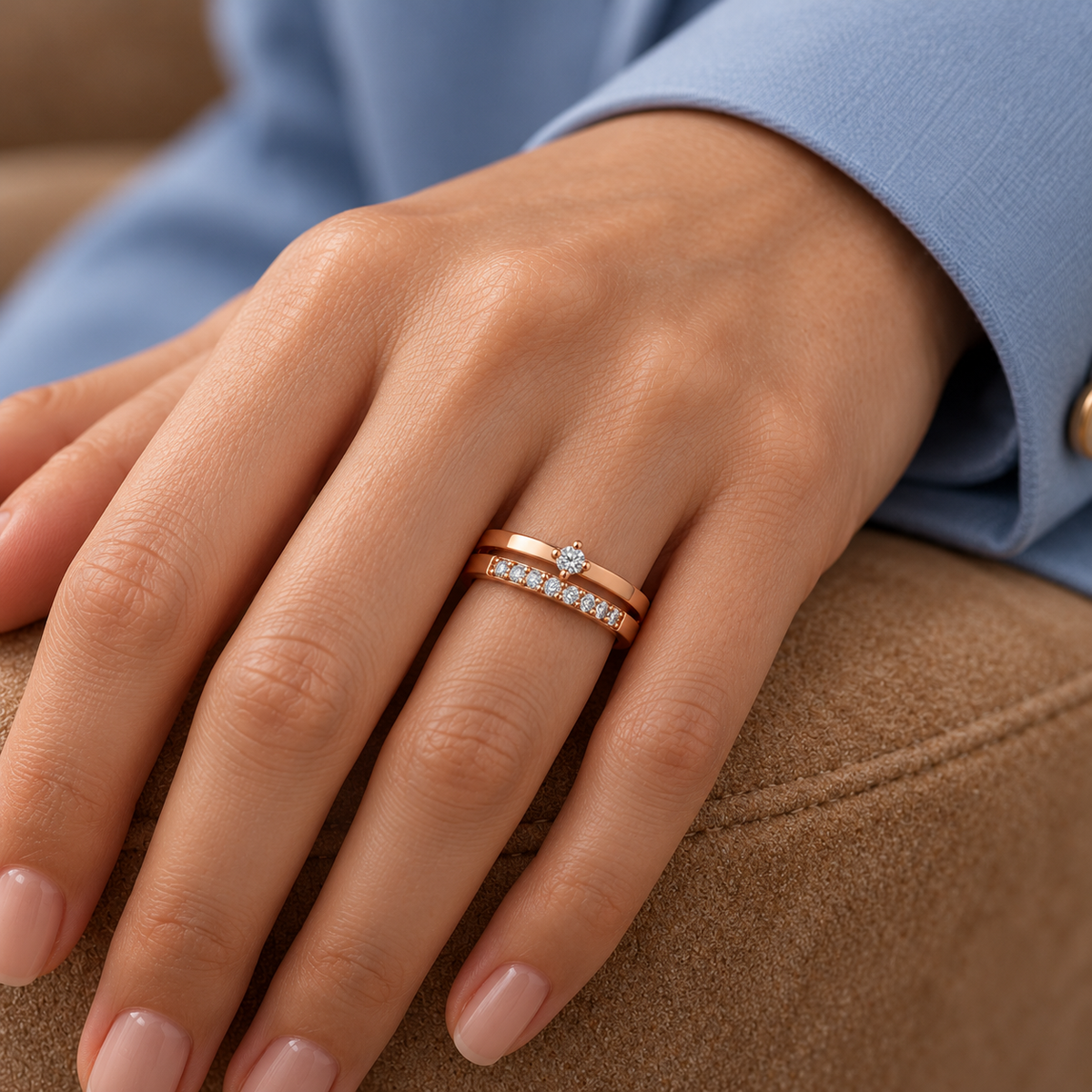 Serenity rose gold plated double-band ring worn on a model's hand with a powder-blue tailored sleeve