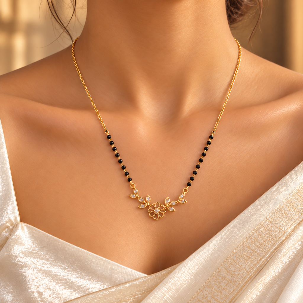 Vallari gold-plated mangalsutra worn with an ivory silk saree, close-up