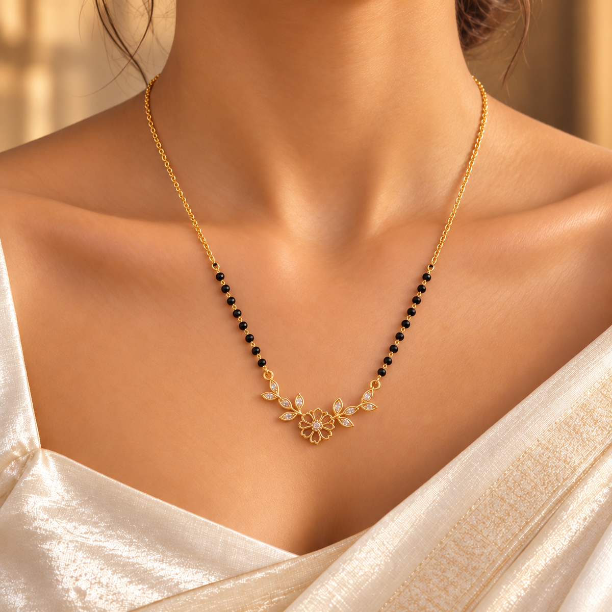 Vallari gold-plated mangalsutra worn with an ivory silk saree, close-up