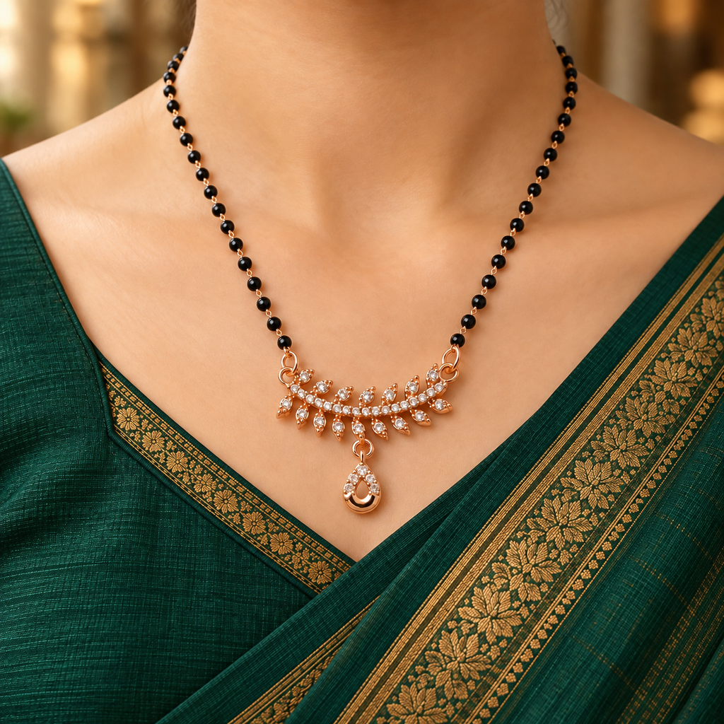 Vanalika Mangalsutra worn with an emerald silk saree, showing its leafy pendant and open teardrop charm