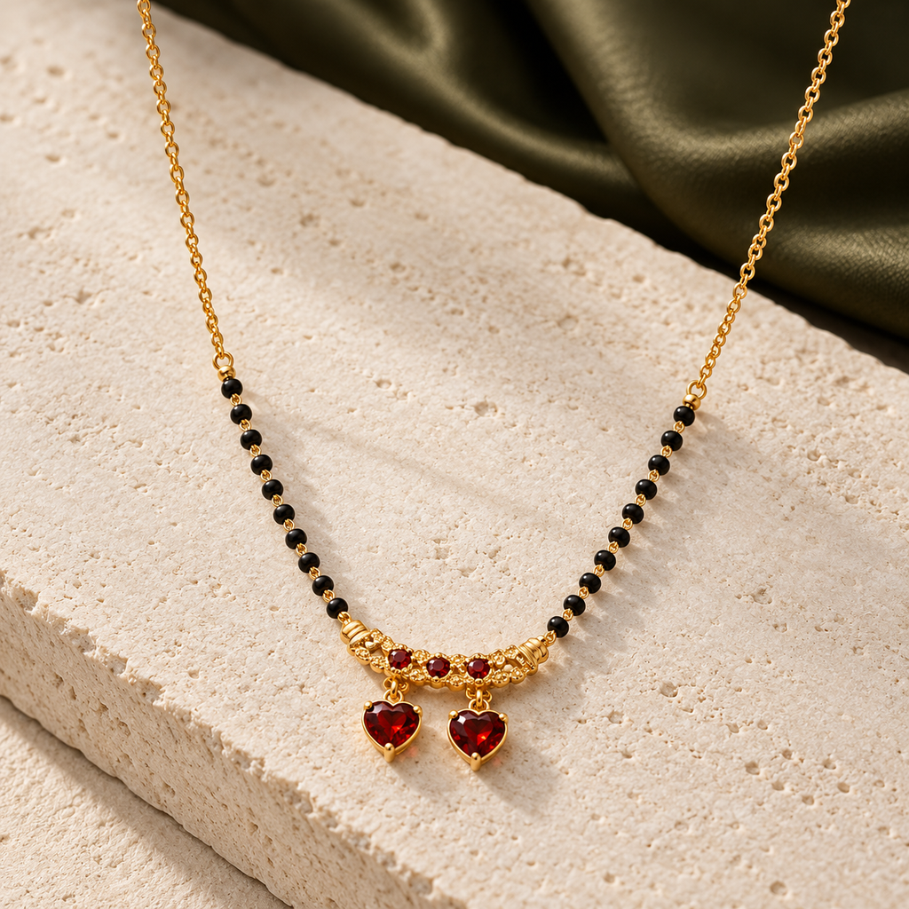 Ragini Mangalsutra with twin red heart drops photographed at an angle on ivory limestone
