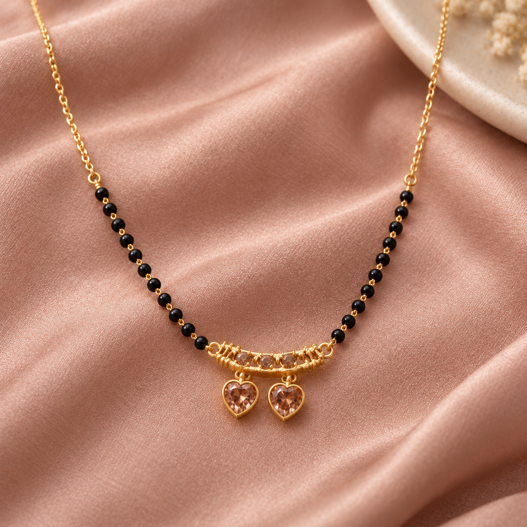 Overhead close detail of Anuraga paired heart pendants on dusty-rose silk