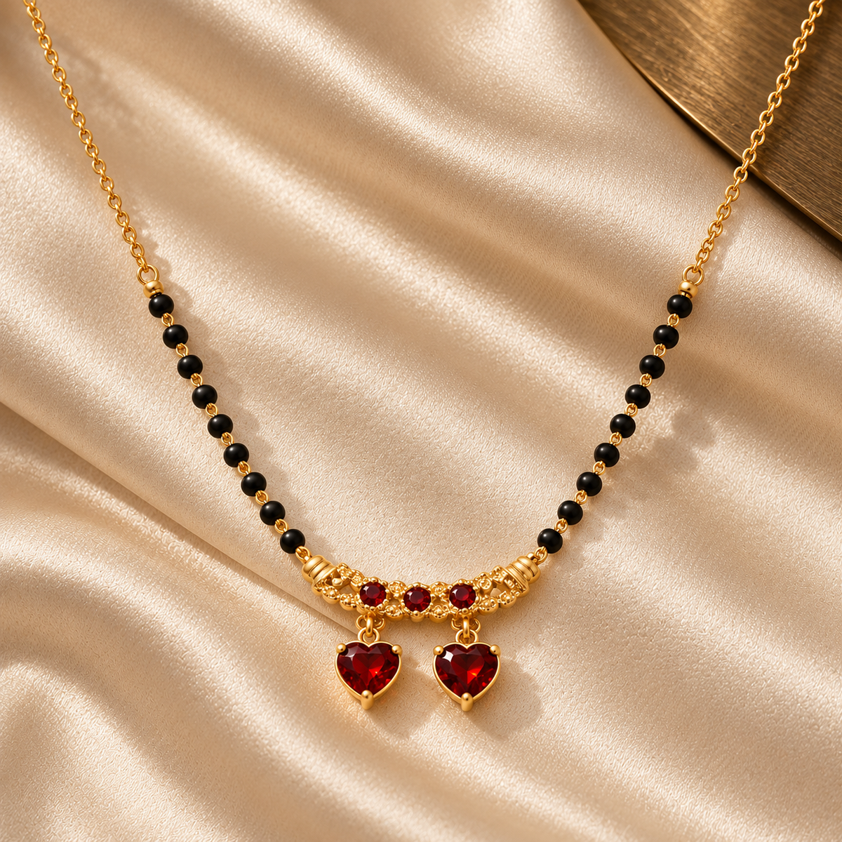 Overhead detail of Ragini Mangalsutra red heart drops and black beads on champagne silk