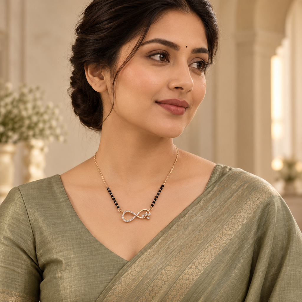Ananta Mangalsutra styled with an elegant sage saree in a model portrait