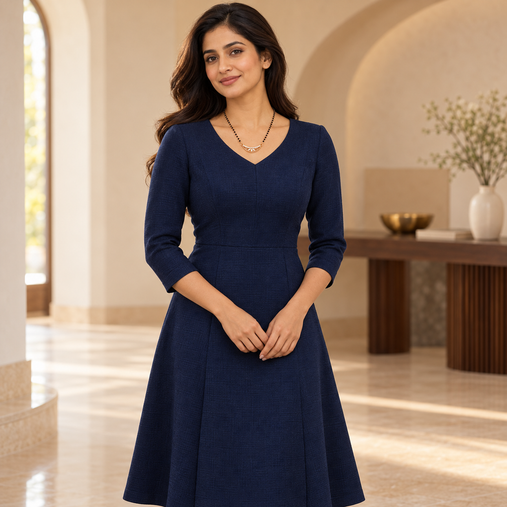 Chandralekha Mangalsutra styled with a complete navy professional dress