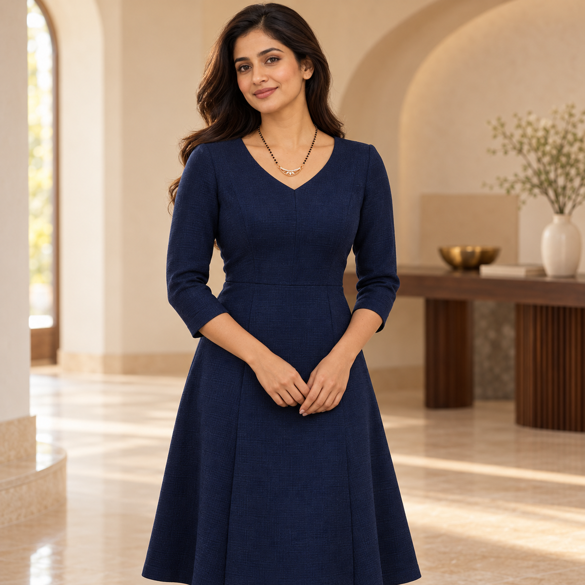 Chandralekha Mangalsutra styled with a complete navy professional dress