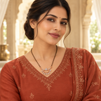 Chandrima Mangalsutra styled with a terracotta embroidered Indian kurta and dupatta