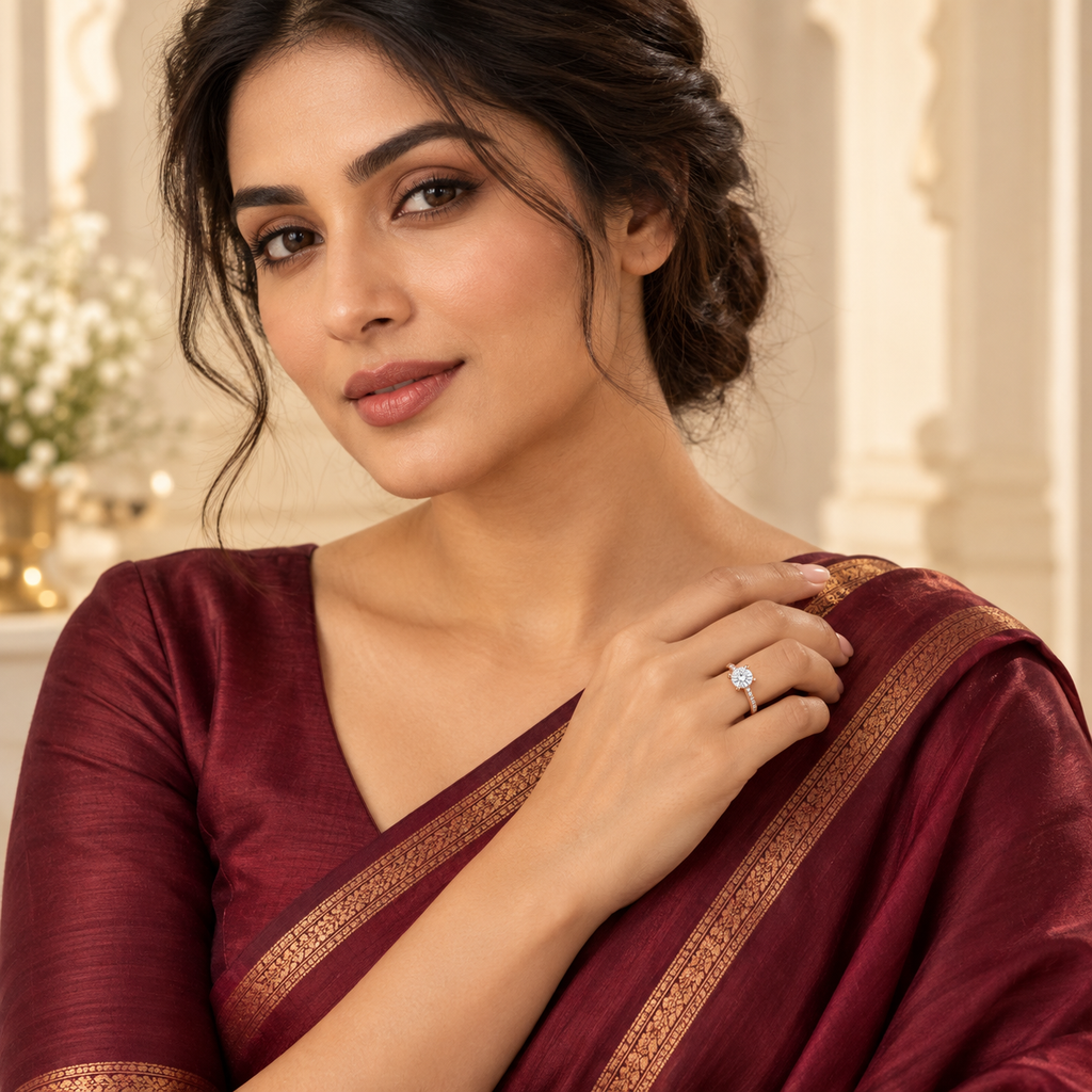 Elysian ring styled with a modest wine silk saree, model showing the ring near her shoulder