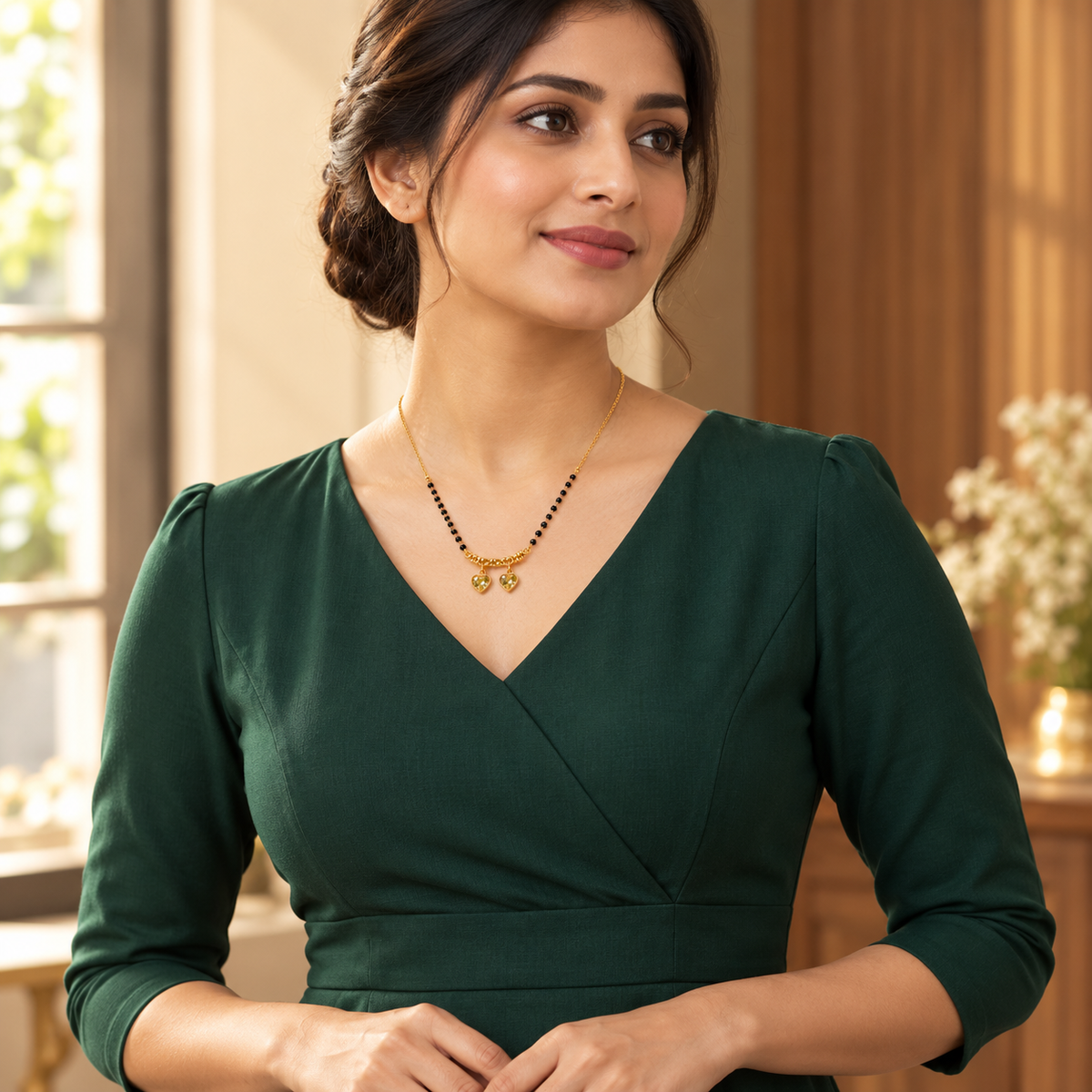 Kanakpriya mangalsutra styled with an elegant emerald-green professional dress