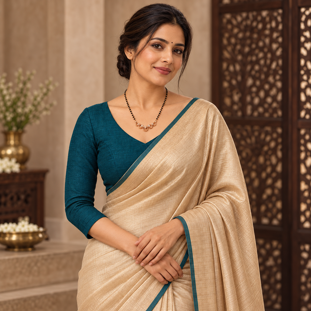 Neerja Mangalsutra styled with a neatly draped champagne saree and teal blouse