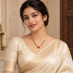 Ragini Mangalsutra styled with a modest ivory saree in an elegant model portrait