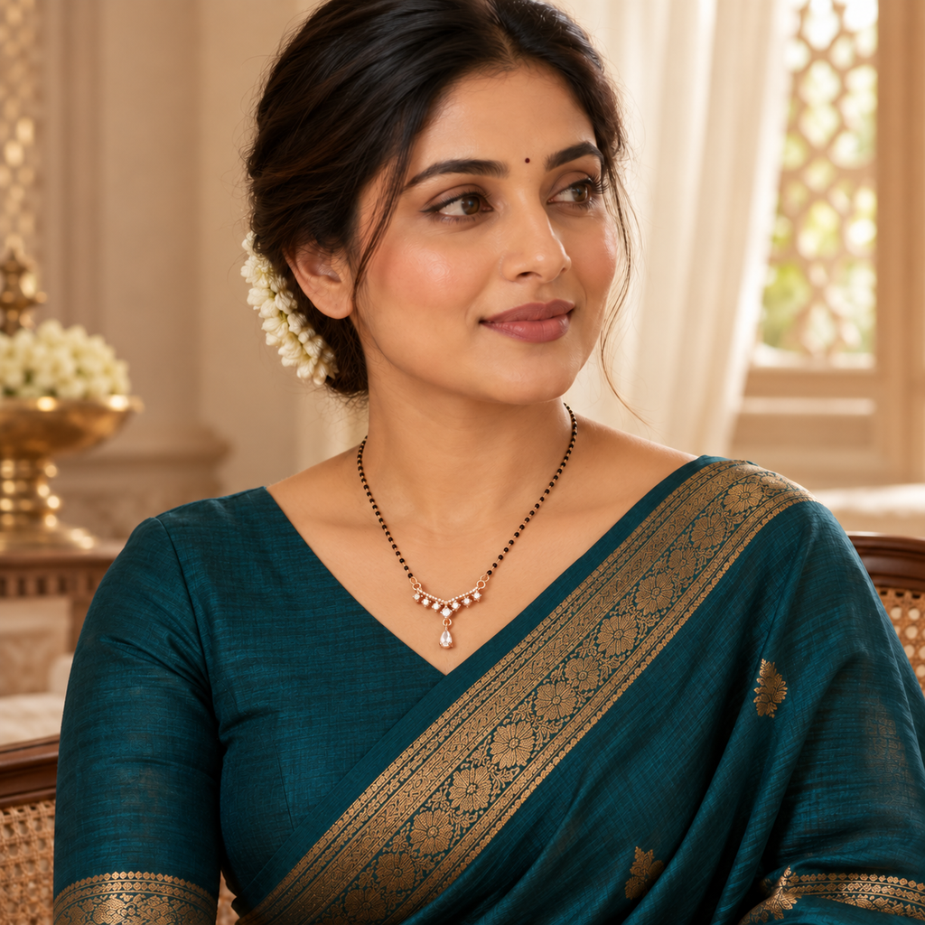 Saanvika Mangalsutra styled with a teal silk saree in an elegant Indian model portrait