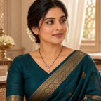 Saanvika Mangalsutra styled with a teal silk saree in an elegant Indian model portrait