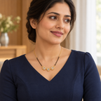 Triveni Mangalsutra styled with a modest navy tailored dress in an elegant portrait