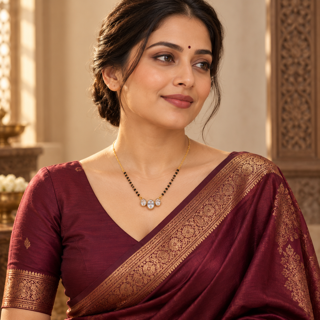 Vaidehi Mangalsutra styled with a modest wine-coloured saree in an elegant model portrait