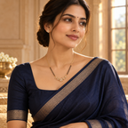 Vallari mangalsutra styled with a navy silk saree on a model