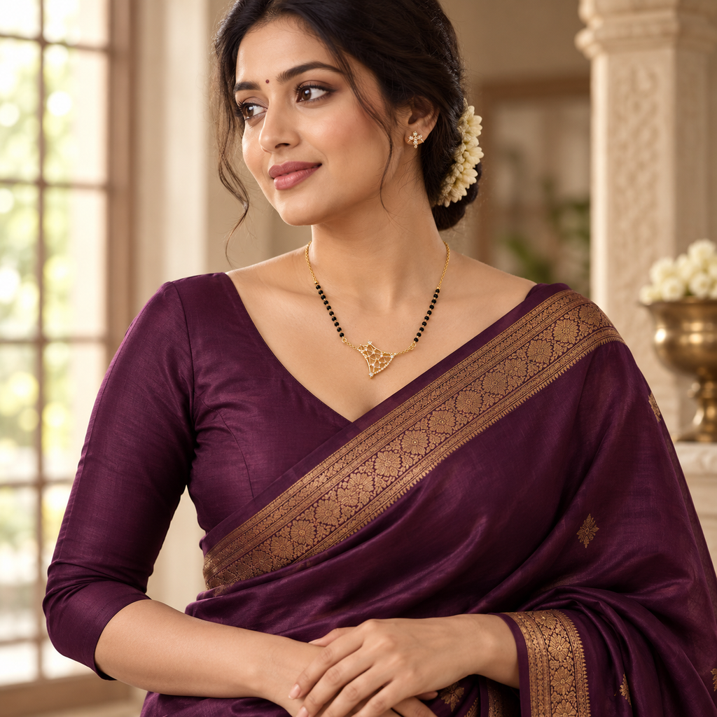 Varnika mangalsutra styled with a properly draped deep plum silk saree