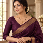 Varnika mangalsutra styled with a properly draped deep plum silk saree