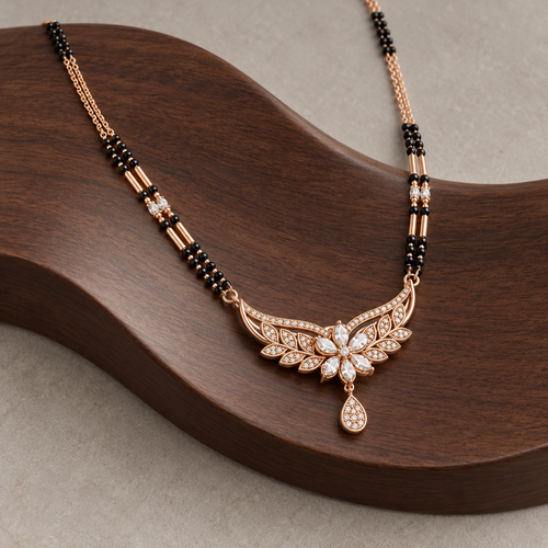 Amabel Mangalsutra — angled floral pendant on dark walnut