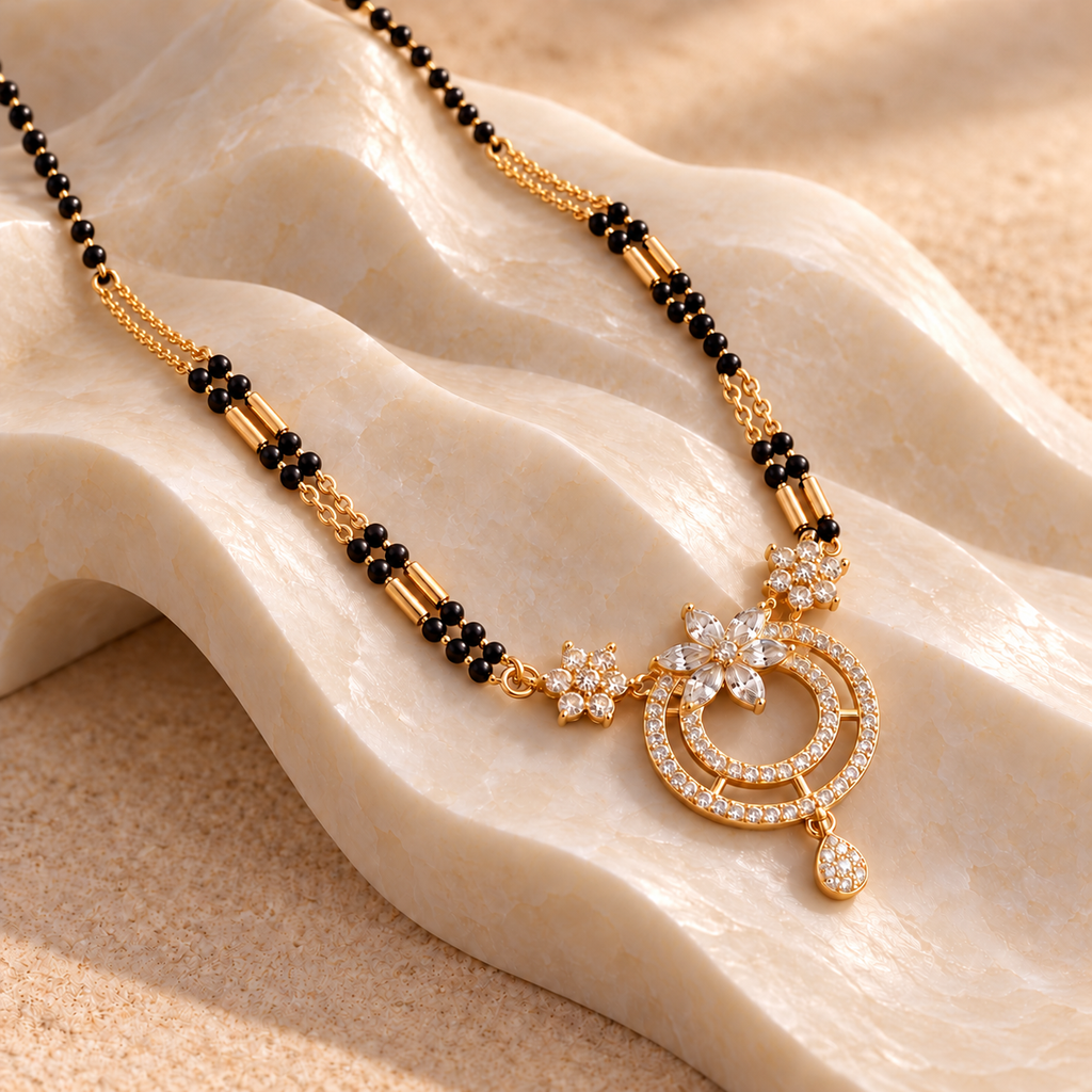 Aurelle Mangalsutra angled on ivory alabaster