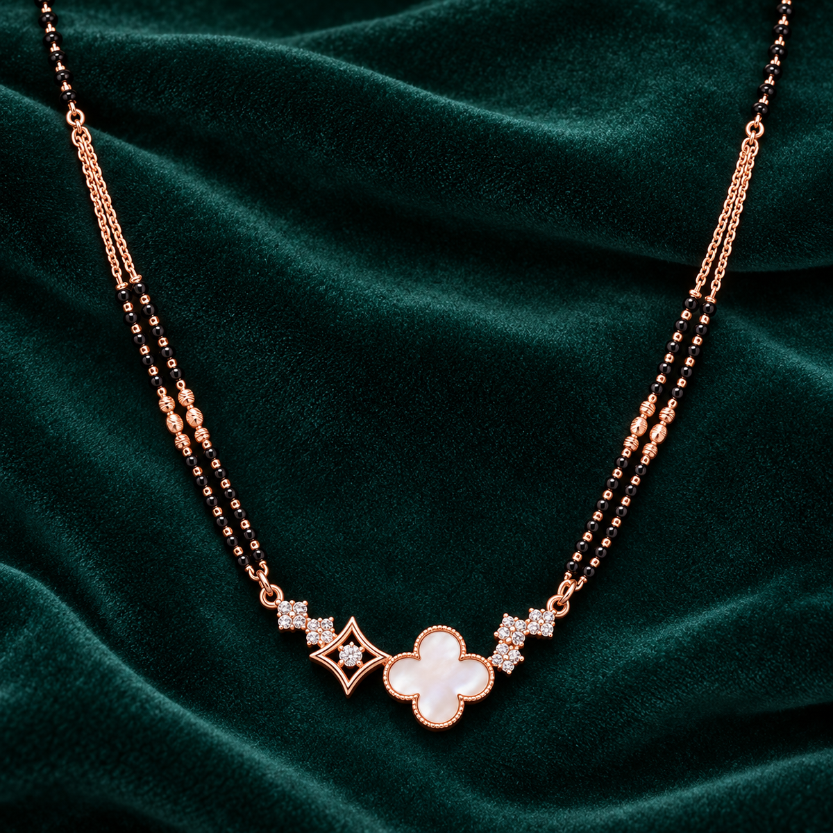 Overhead white clover pendant detail on jade velvet