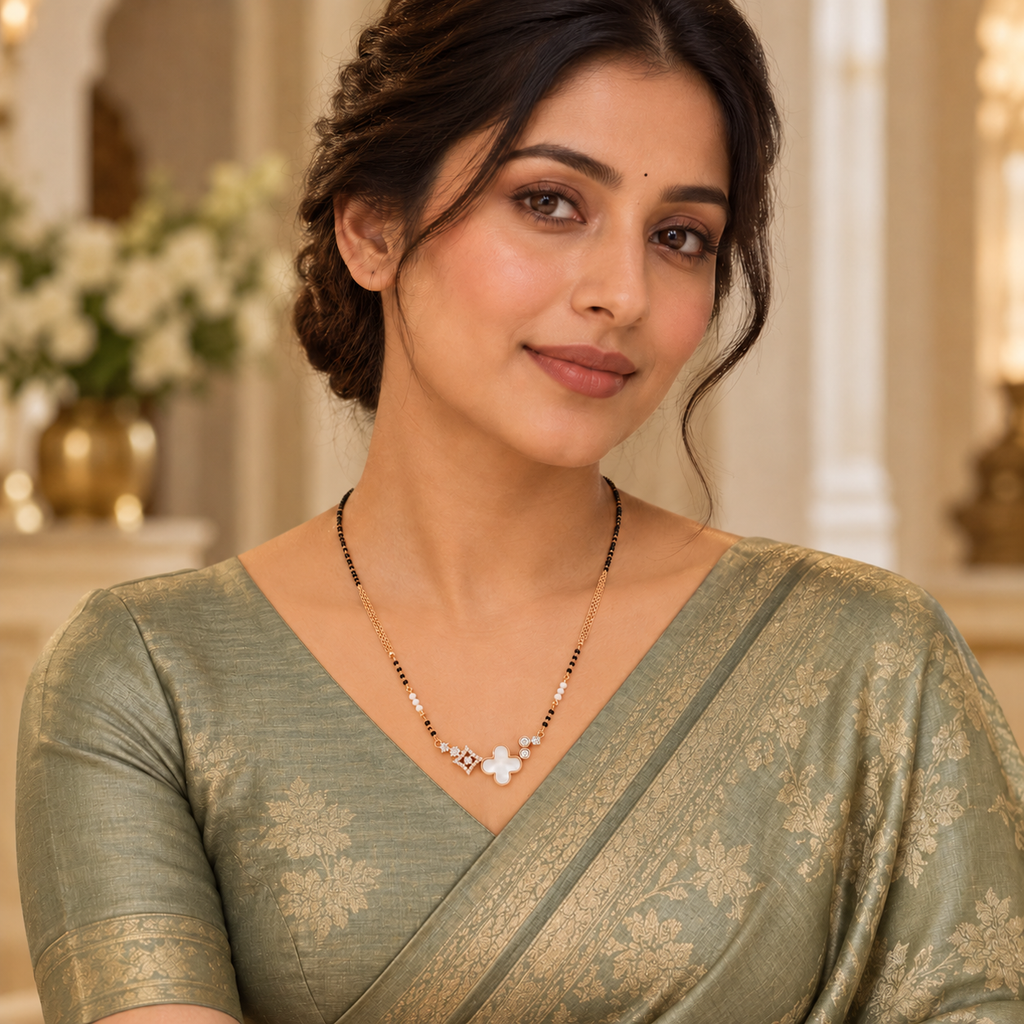 Celiane mangalsutra styled with a modest sage saree