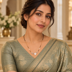 Celiane mangalsutra styled with a modest sage saree