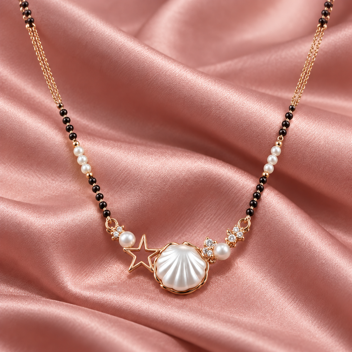 Overhead scallop-shell pendant detail on dusty-pink satin
