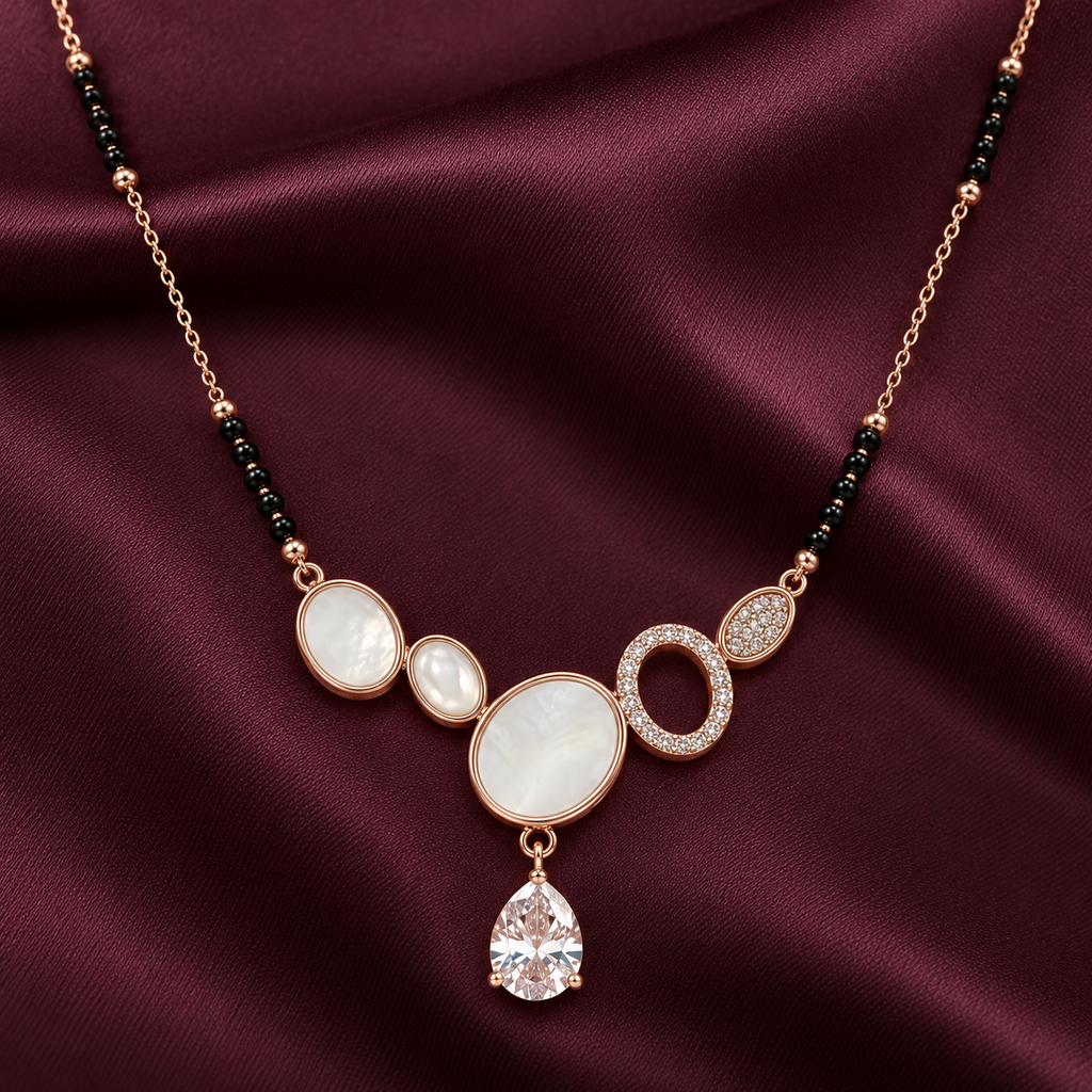 Elara Mangalsutra in an overhead detail on aubergine satin