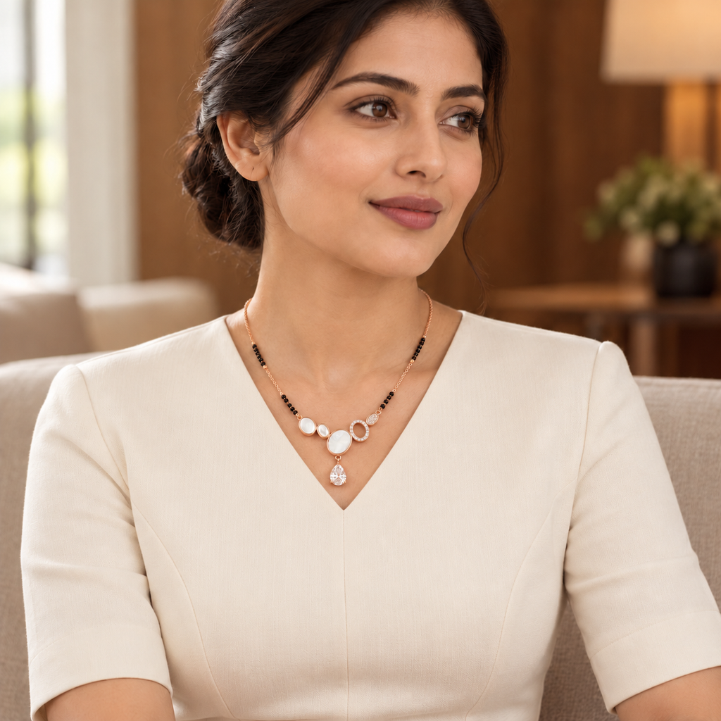 Elara Mangalsutra worn with an ivory dress in an editorial portrait