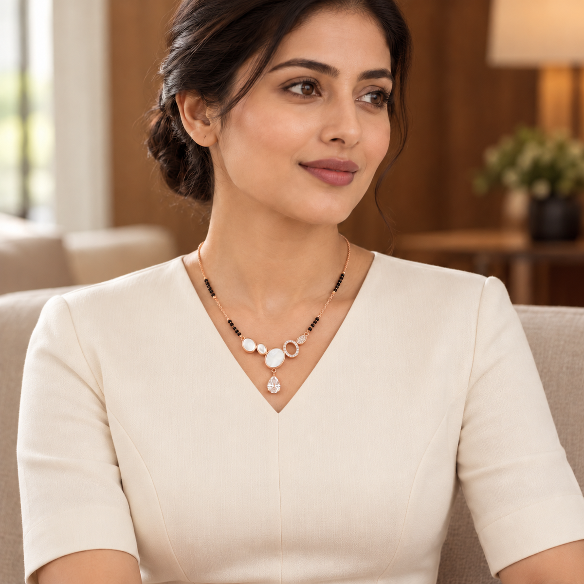 Elara Mangalsutra worn with an ivory dress in an editorial portrait