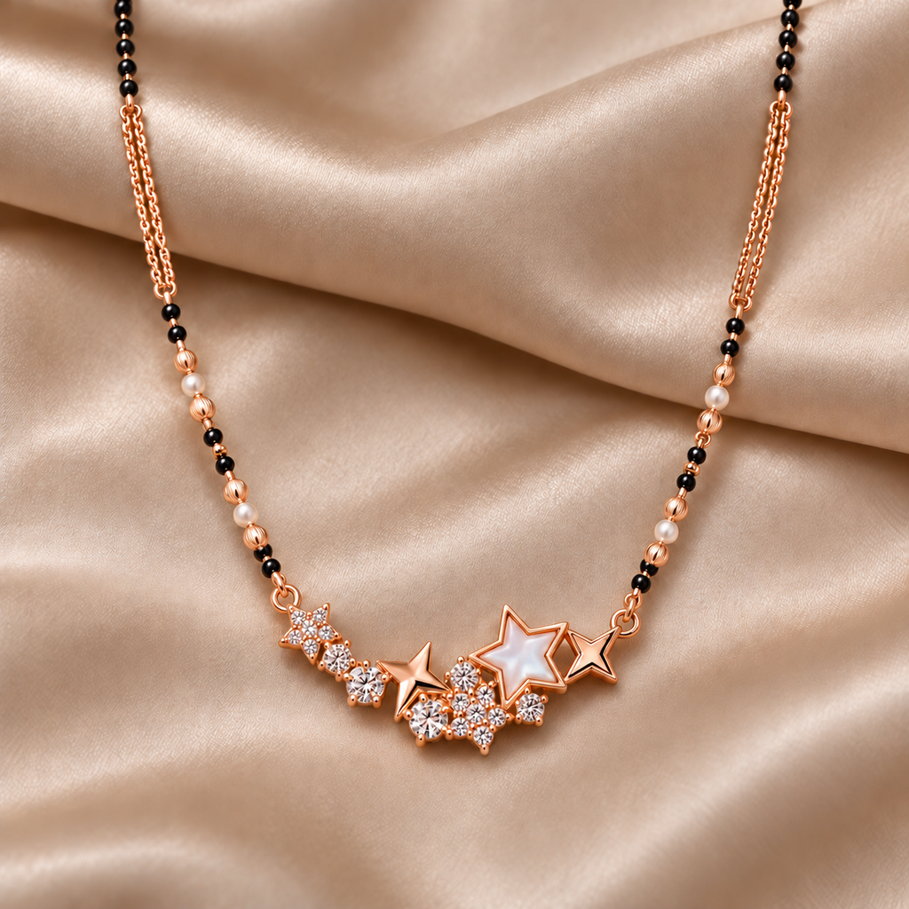 Estoria Mangalsutra detail on champagne silk