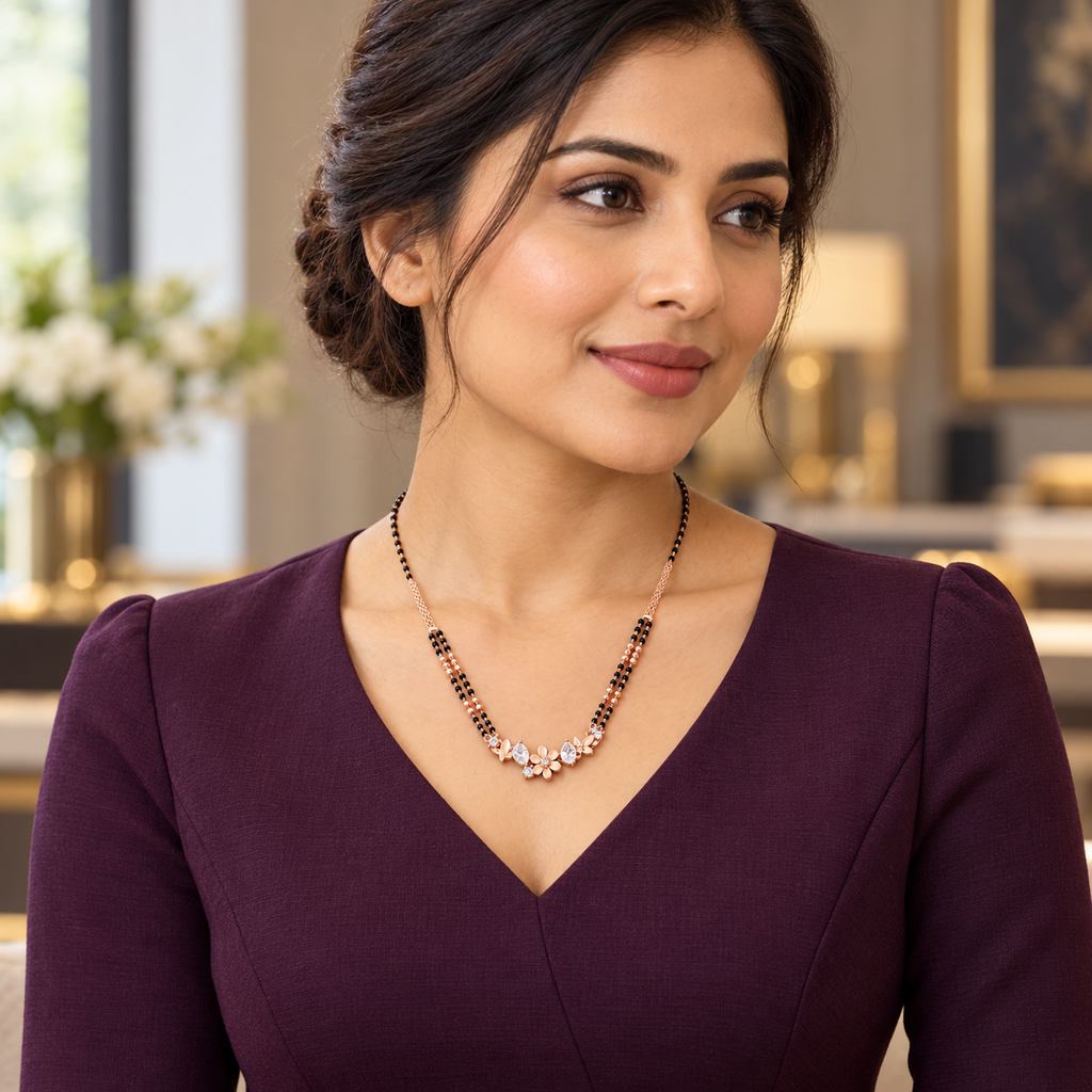 Fiora Mangalsutra worn with a plum dress in an editorial portrait