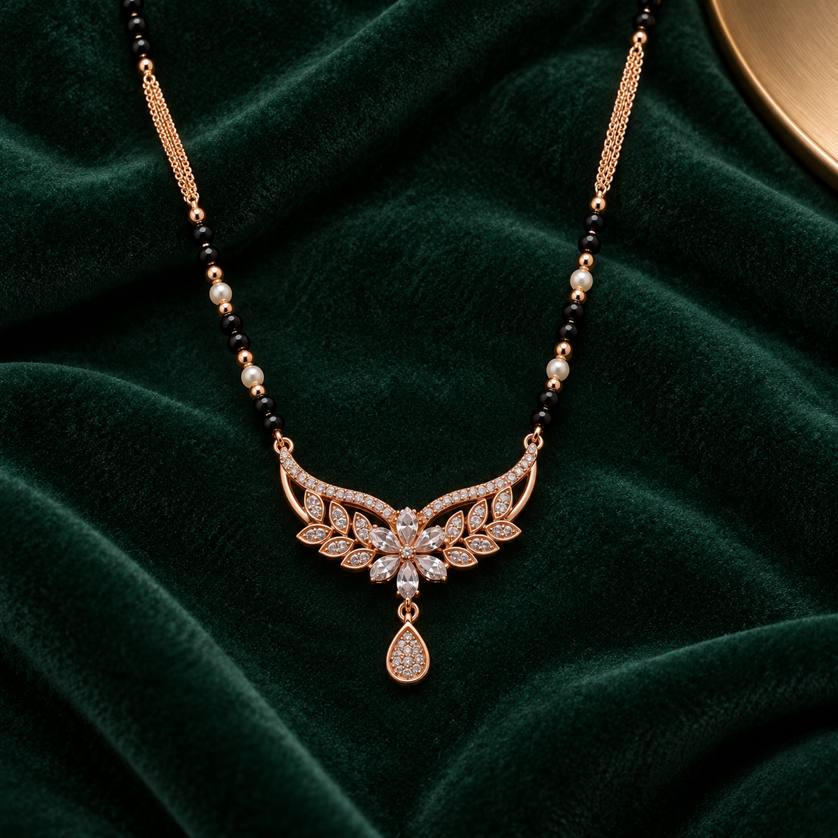 Florence Mangalsutra in an overhead detail on green velvet