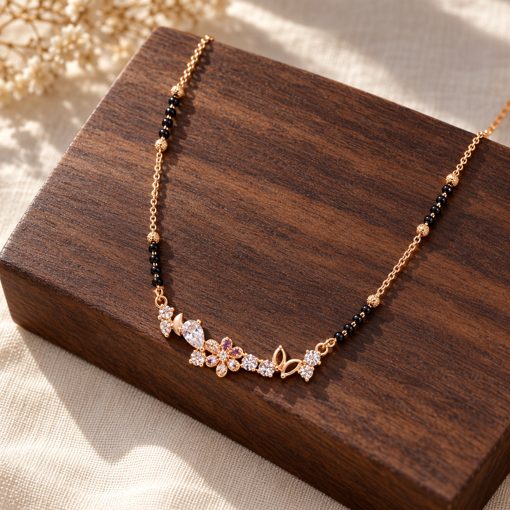 Lisette mangalsutra angled over a dark walnut block