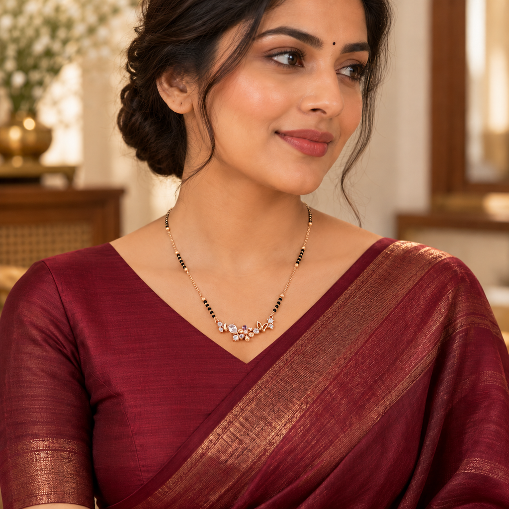 Lisette mangalsutra styled with a modest wine silk saree