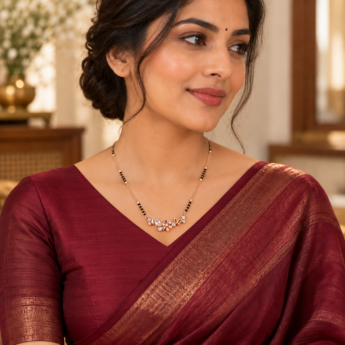 Lisette mangalsutra styled with a modest wine silk saree