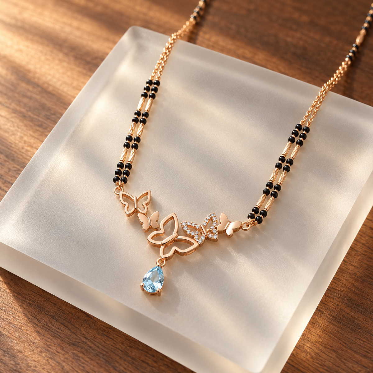Mariposa double-strand mangalsutra on frosted glass and walnut, viewed at an angle.