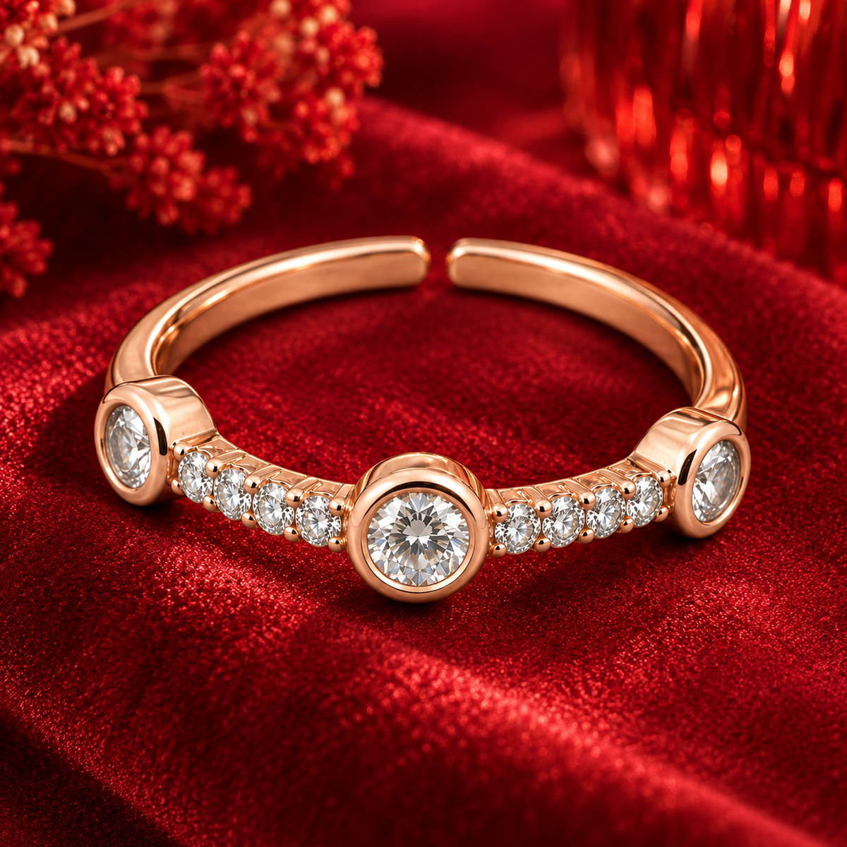 Trinity Ring rose gold plated ring from high angle on crimson velvet with red glass bokeh