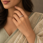 Trinity Ring rose gold plated ring styled on an Indian model wearing an ivory and sage saree