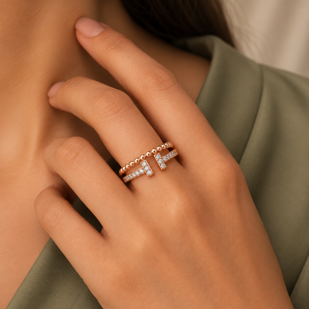 Vivienne Ring rose gold plated ring worn snugly beside a sage professional dress