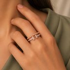 Vivienne Ring rose gold plated ring worn snugly beside a sage professional dress