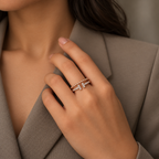 Vivienne Ring rose gold plated ring styled on a model in a tailored taupe professional dress