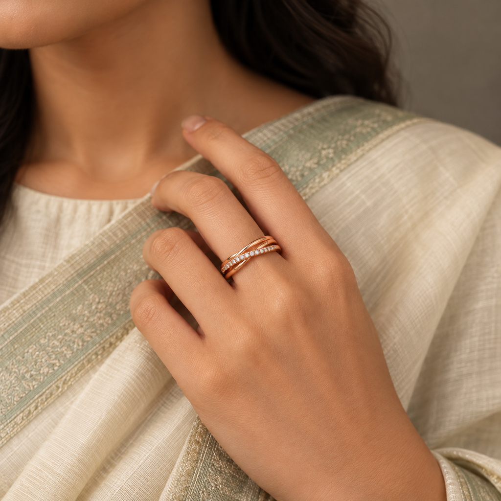 Aurelia Ring rose gold plated ring styled on a model wearing a modest ivory and sage saree