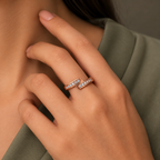 Estelle Ring rose gold plated ring worn snugly beside a sage professional dress
